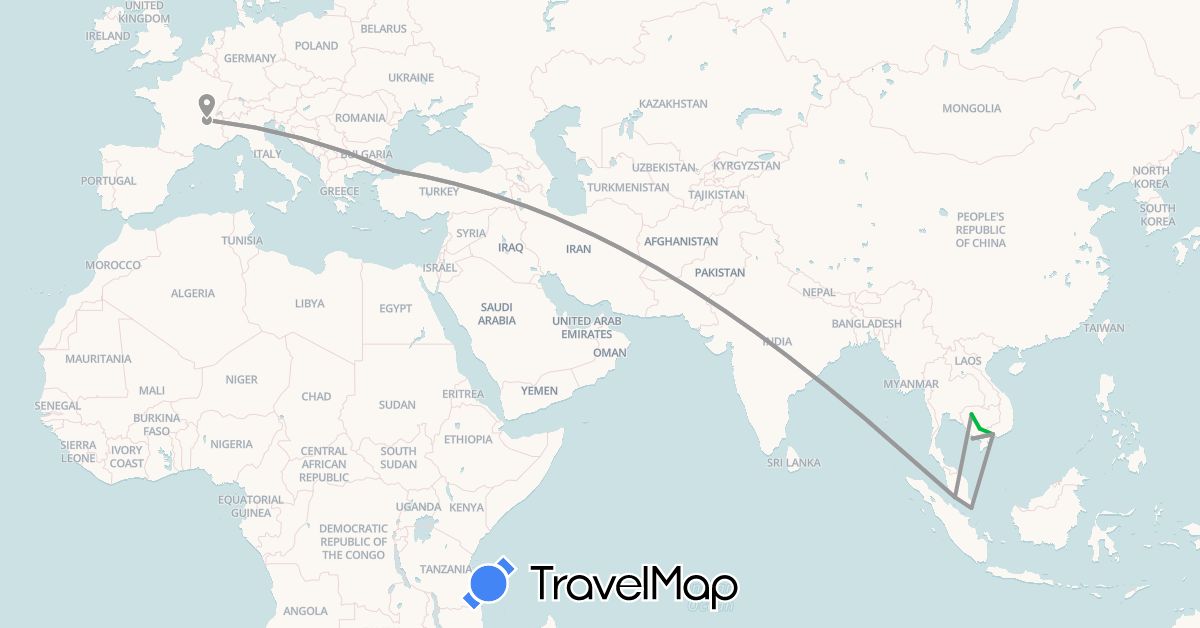 TravelMap itinerary: driving, bus, plane in France, Cambodia, Malaysia, Singapore, Turkey, Vietnam (Asia, Europe)