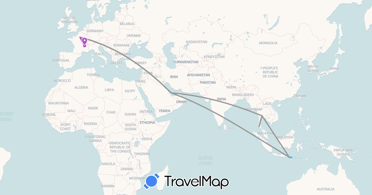 TravelMap itinerary: driving, plane, train, boat in France, Indonesia, Qatar, Thailand (Asia, Europe)